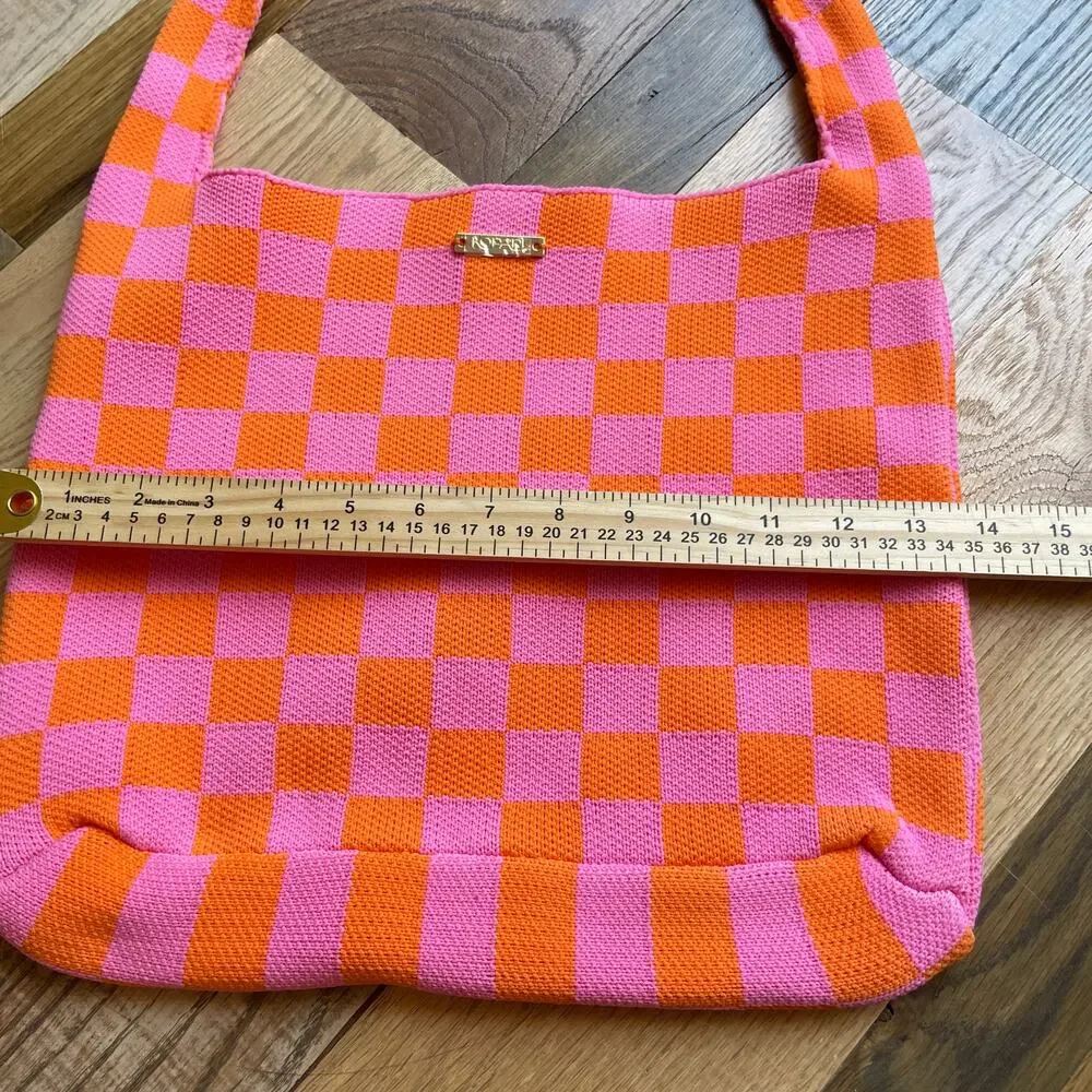 Kopari Pink Orange Checkerboard Knit Shoulder Tote Bag Hobo NWOT